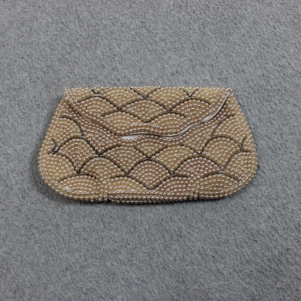 Vintage Pearl Beaded Clutch Bag Women Mini White Satin Wedding Formal Japan Retr